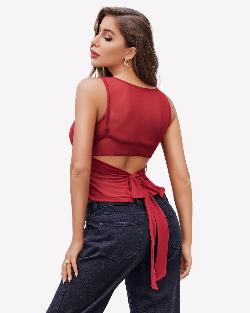 Red mesh Y2k top with boat neck and tie-back detail, perfect for a night out or casual wear.