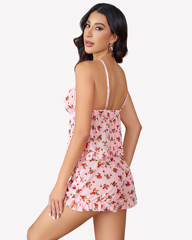 Pink floral mesh cami lingerie set with deep V-neck and ruffled shorts. Avidlove nightwear.