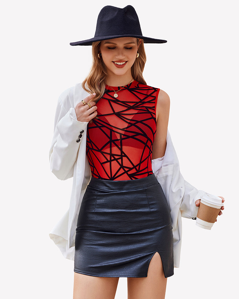 Red mesh sleeveless bodysuit, black leather skirt, perfect for parties and clubs