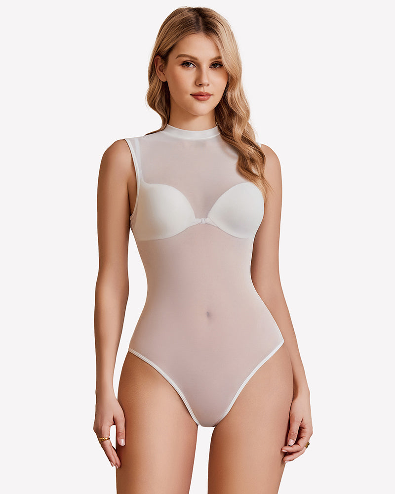 Sleeveless nude mesh bodysuit for women, perfect for parties and clubs, sheer design