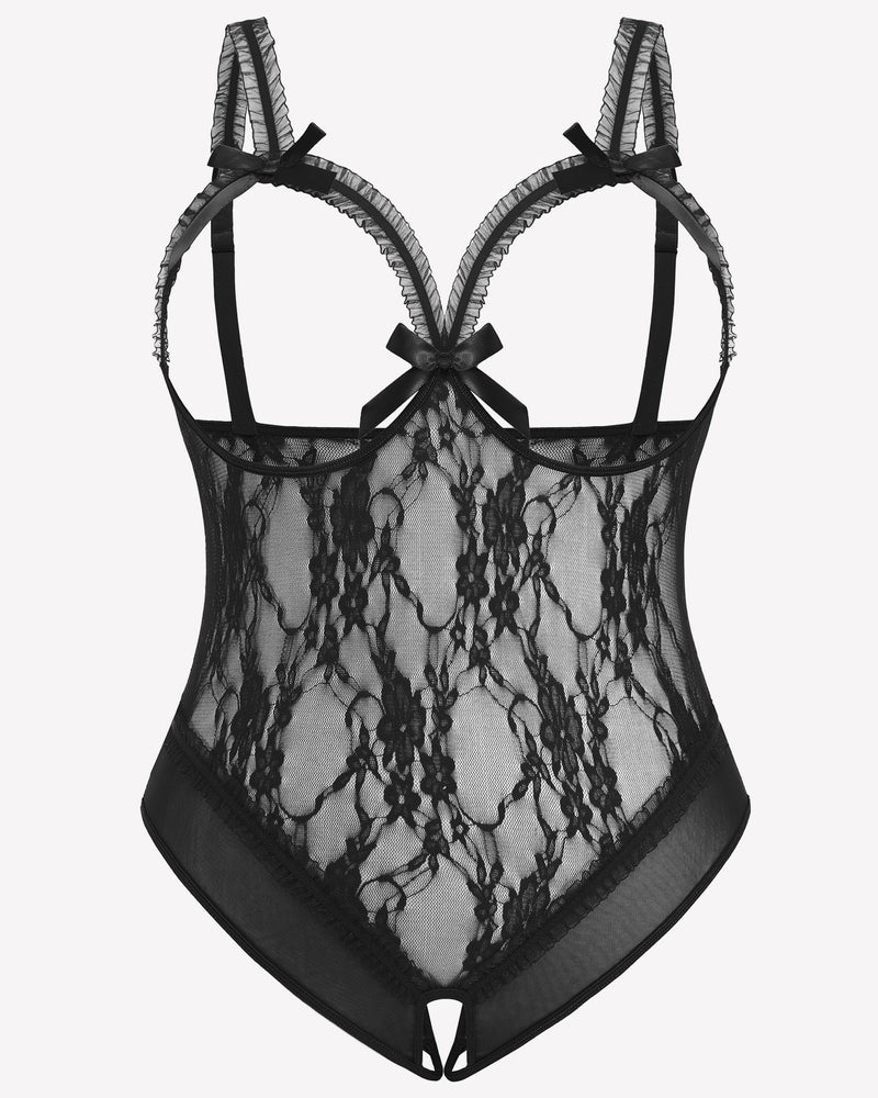 Black lace plus size crotchless teddy with adjustable straps and bow details