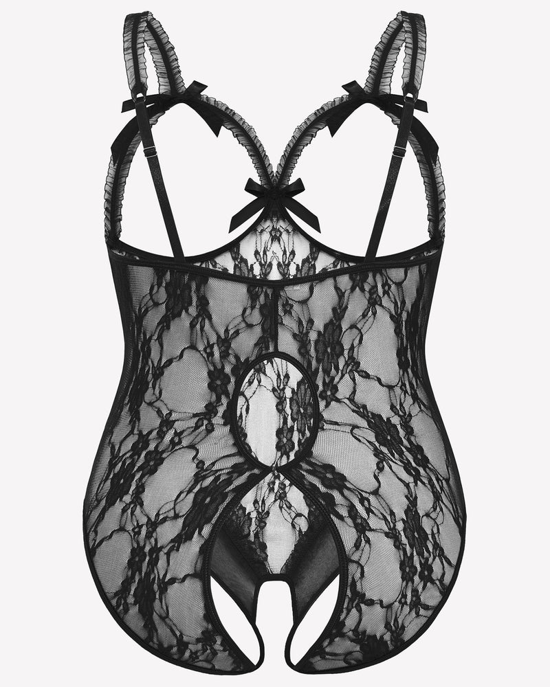Black Lace Plus Size Crotchless Teddy with Bows and Adjustable Straps