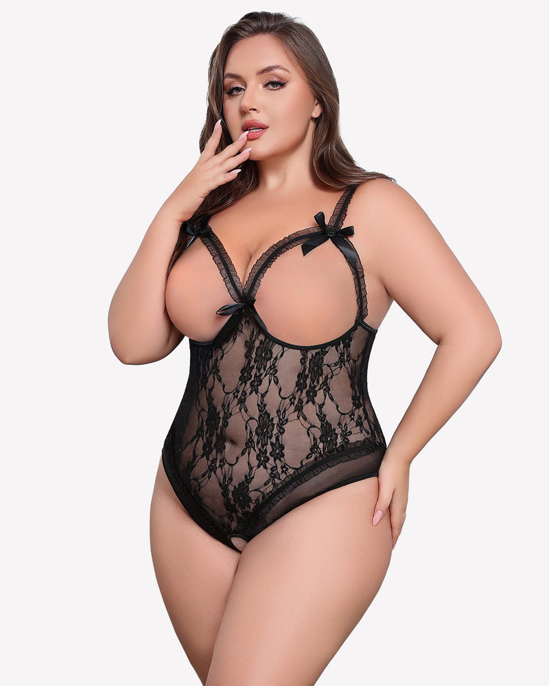 Plus Size Black Lace Crotchless Teddy with Bows and Adjustable Straps