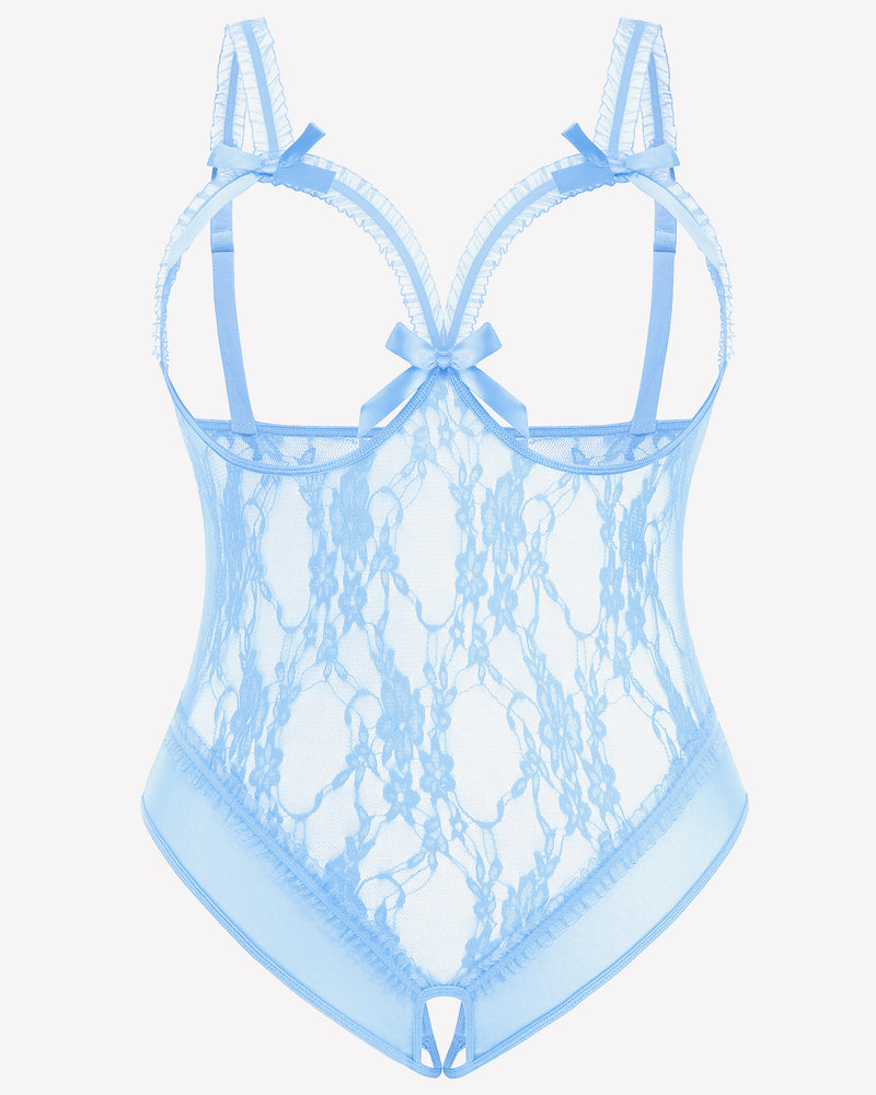 Light Blue Plus Size Lace Crotchless Teddy with Bows and Adjustable Straps