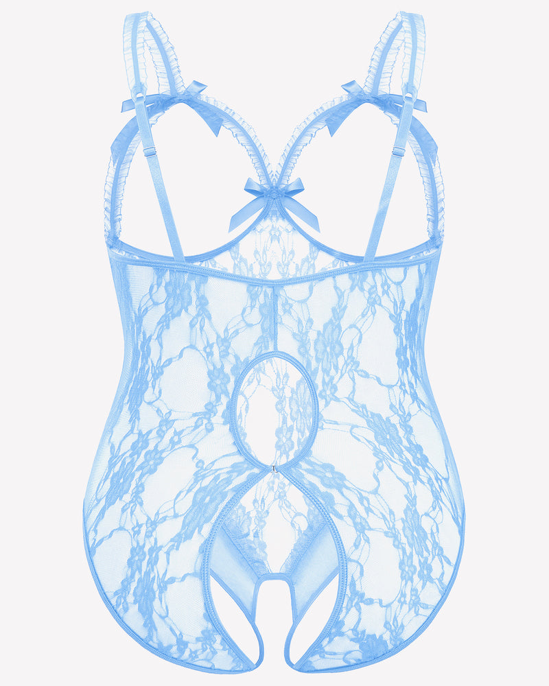 Light Blue Plus Size Crotchless Lace Teddy with Bows and Adjustable Straps