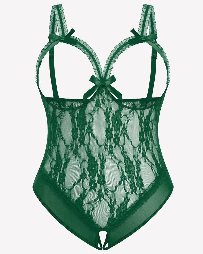 Emerald Green Plus Size Crotchless Lace Teddy with Bows and Adjustable Straps