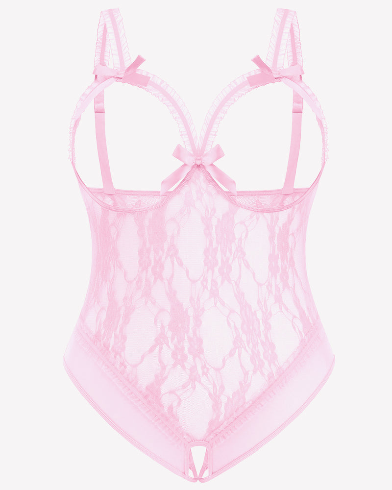 Pink lace plus size crotchless teddy with adjustable straps and bow details
