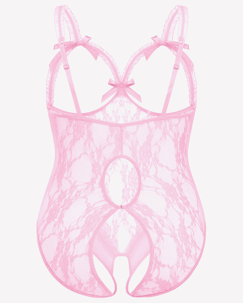 Plus size pink lace crotchless teddy with adjustable straps and bow details