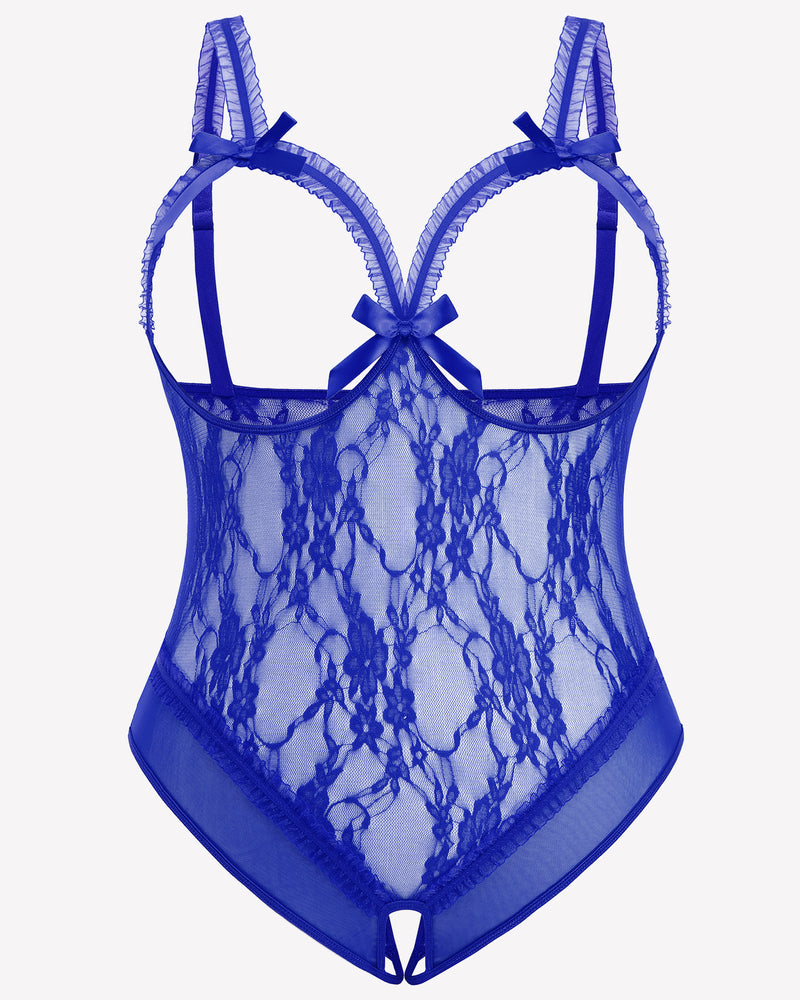 Plus Size Blue Lace Crotchless Teddy with Adjustable Straps and Bows