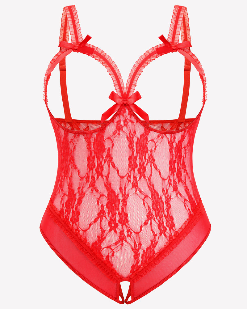 Red Plus Size Crotchless Lace Teddy with Bows and Adjustable Straps