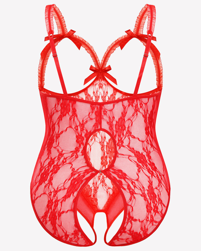 Red lace plus size crotchless teddy with adjustable straps and bows