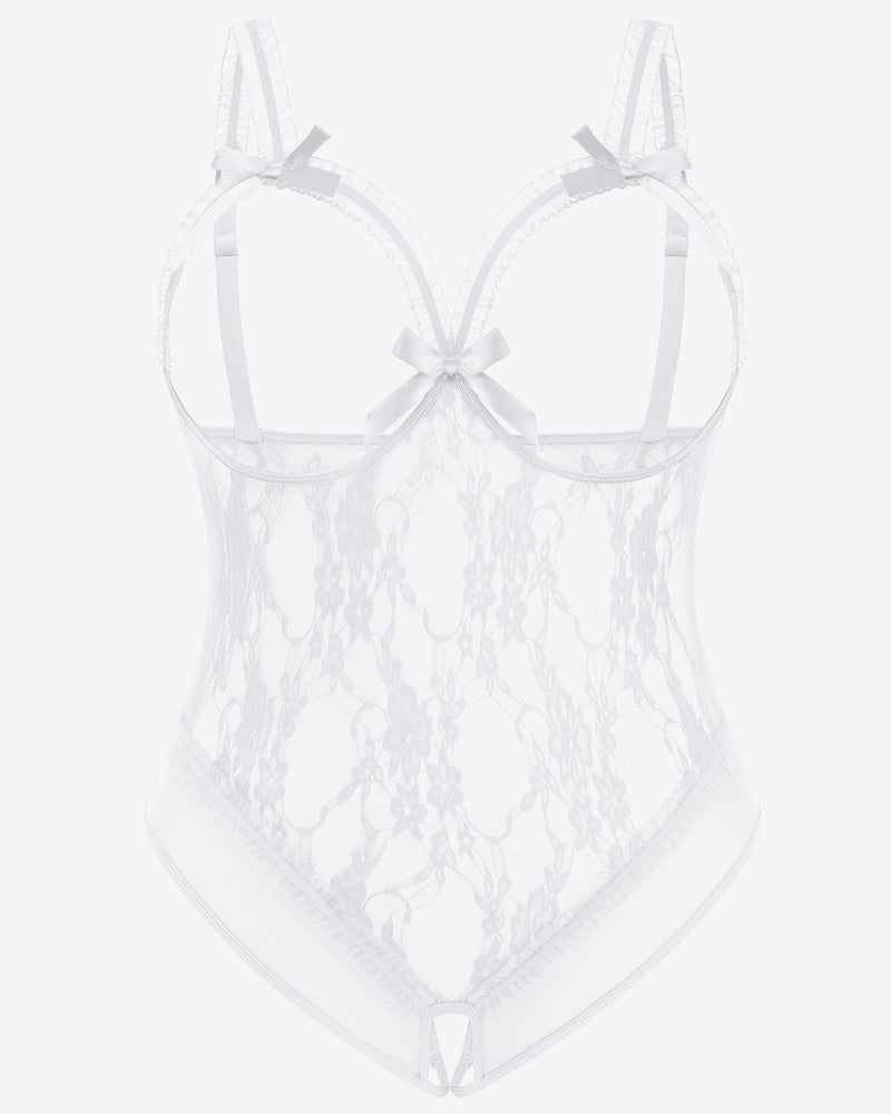 White Plus Size Crotchless Lace Teddy with Bows and Adjustable Straps