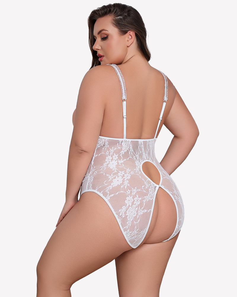 Plus Size White Lace Crotchless Teddy with Adjustable Straps and Open Back