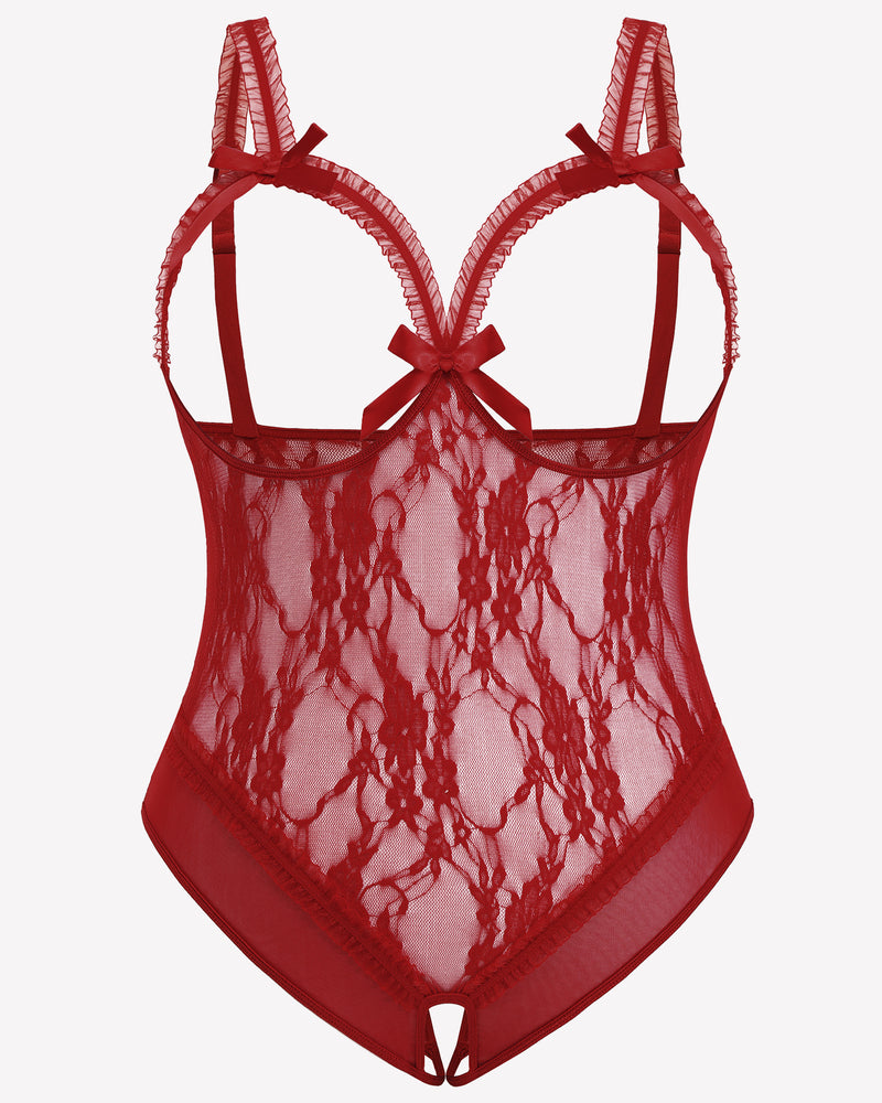 Red Lace Plus Size Crotchless Teddy with Bows and Adjustable Straps