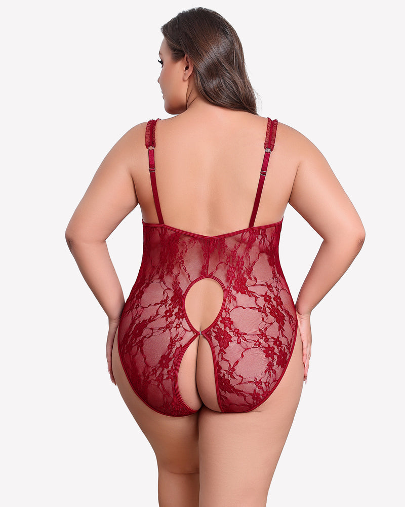 Plus Size Burgundy Lace Crotchless Teddy with Adjustable Straps and Open Back