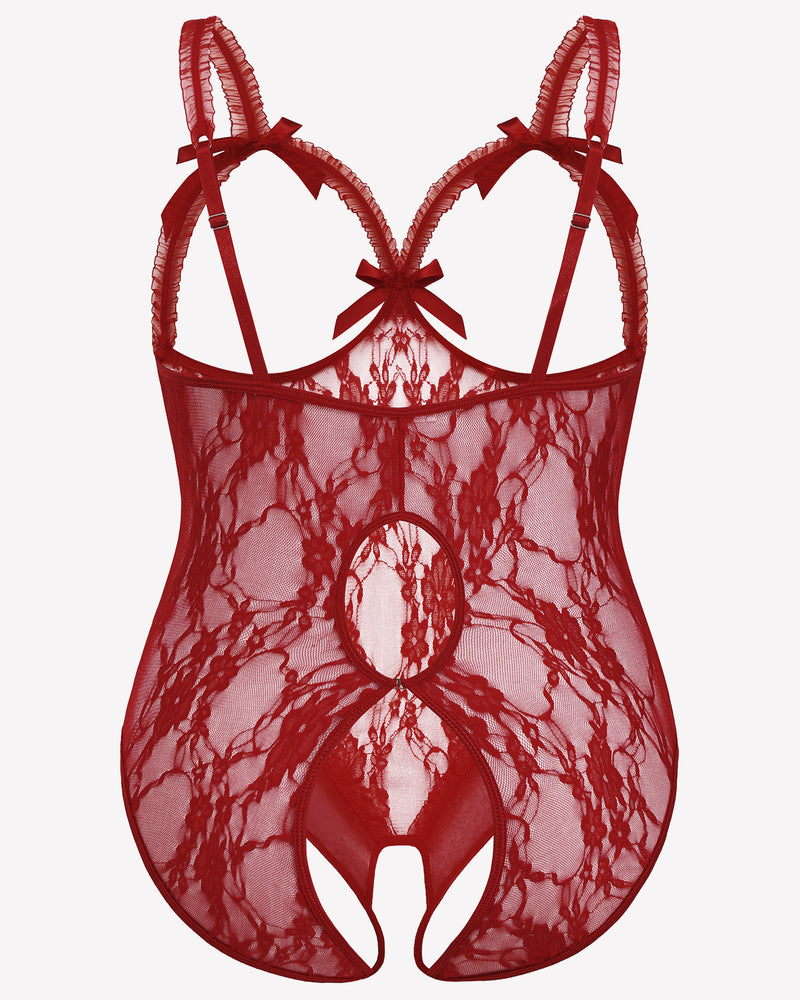 Plus Size Red Crotchless Lace Teddy with Bows and Adjustable Straps