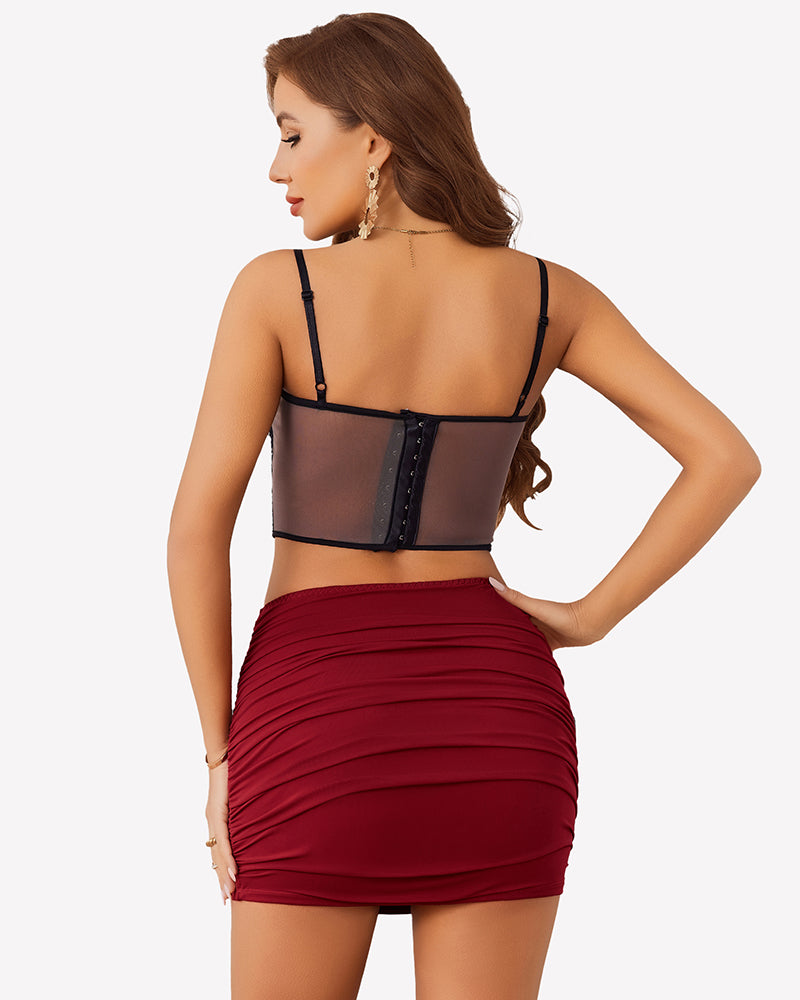 Burgundy ruched mini skirt with black bustier top, party outfit, double-layer fabric, bodycon fit