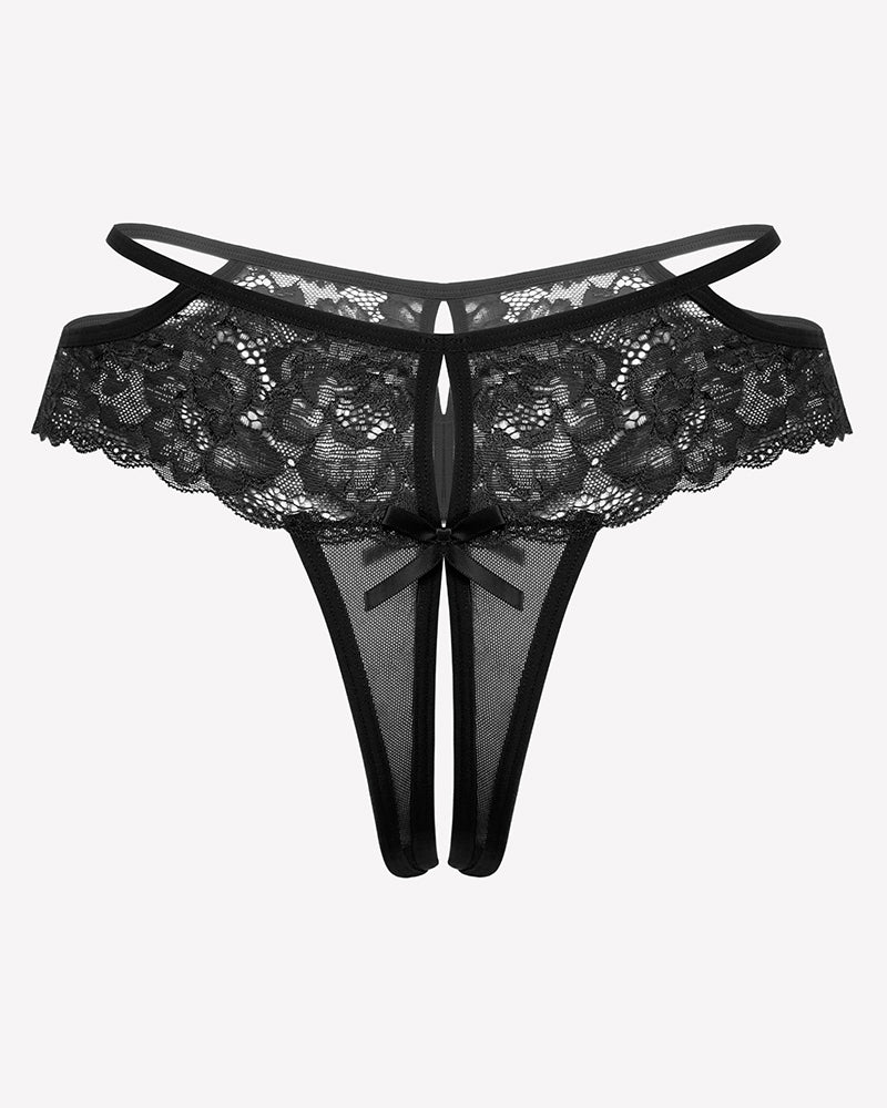 Black lace cheeky mesh thong with floral lace and bow details for seductive nights.