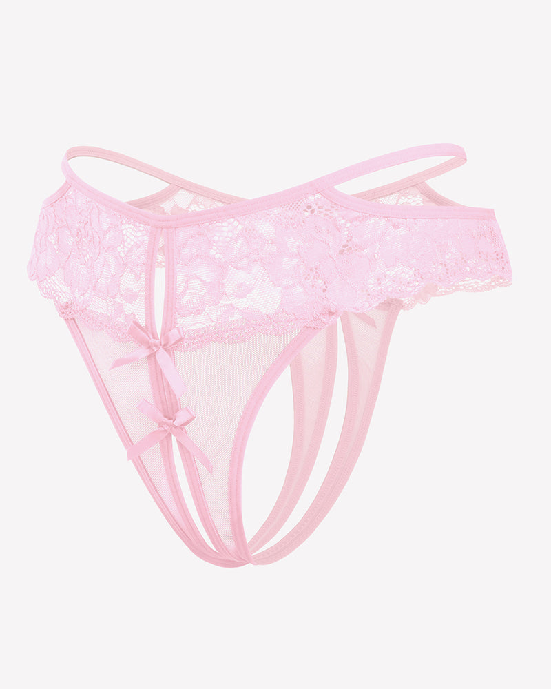 Pink lace cheeky mesh thong with floral lace, bows, and open crotch design.