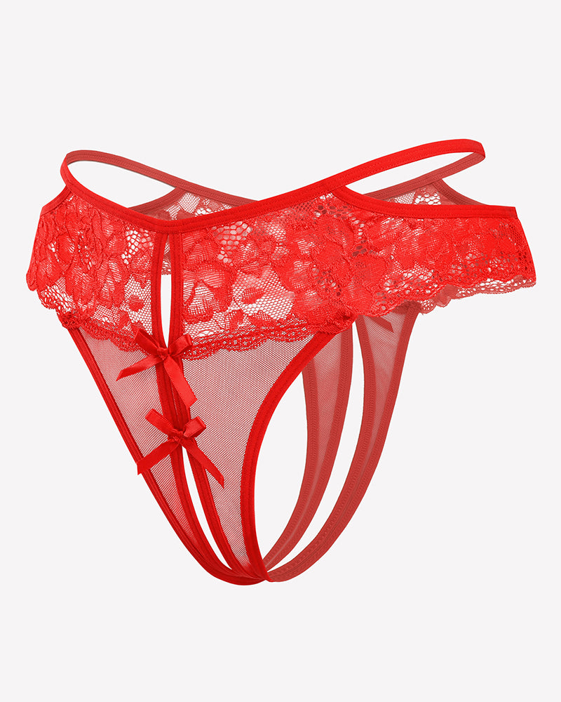 Red lace cheeky mesh thong with floral lace, bows, and open crotch design for romantic nights.