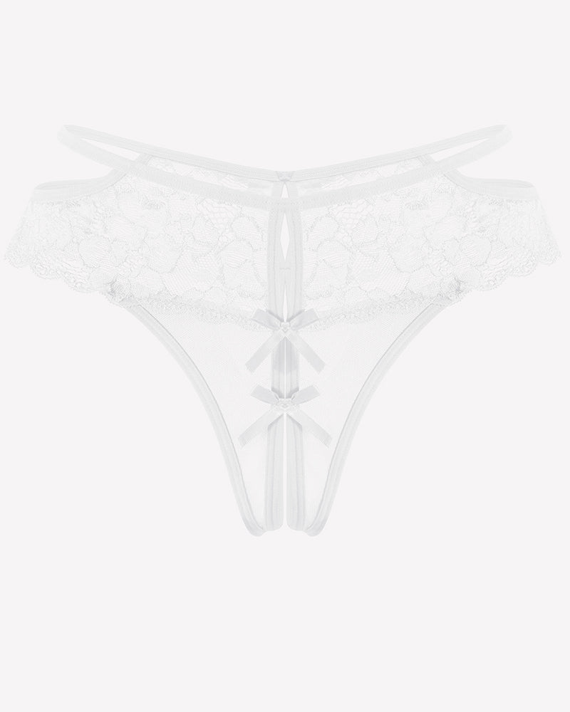 White lace cheeky mesh thong with floral lace, bows, and open crotch design for romantic nights