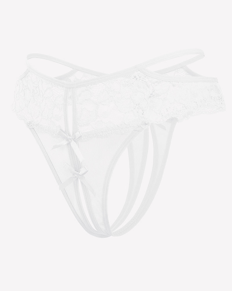 Avidlove white floral lace cheeky mesh thong with bow details and open crotch