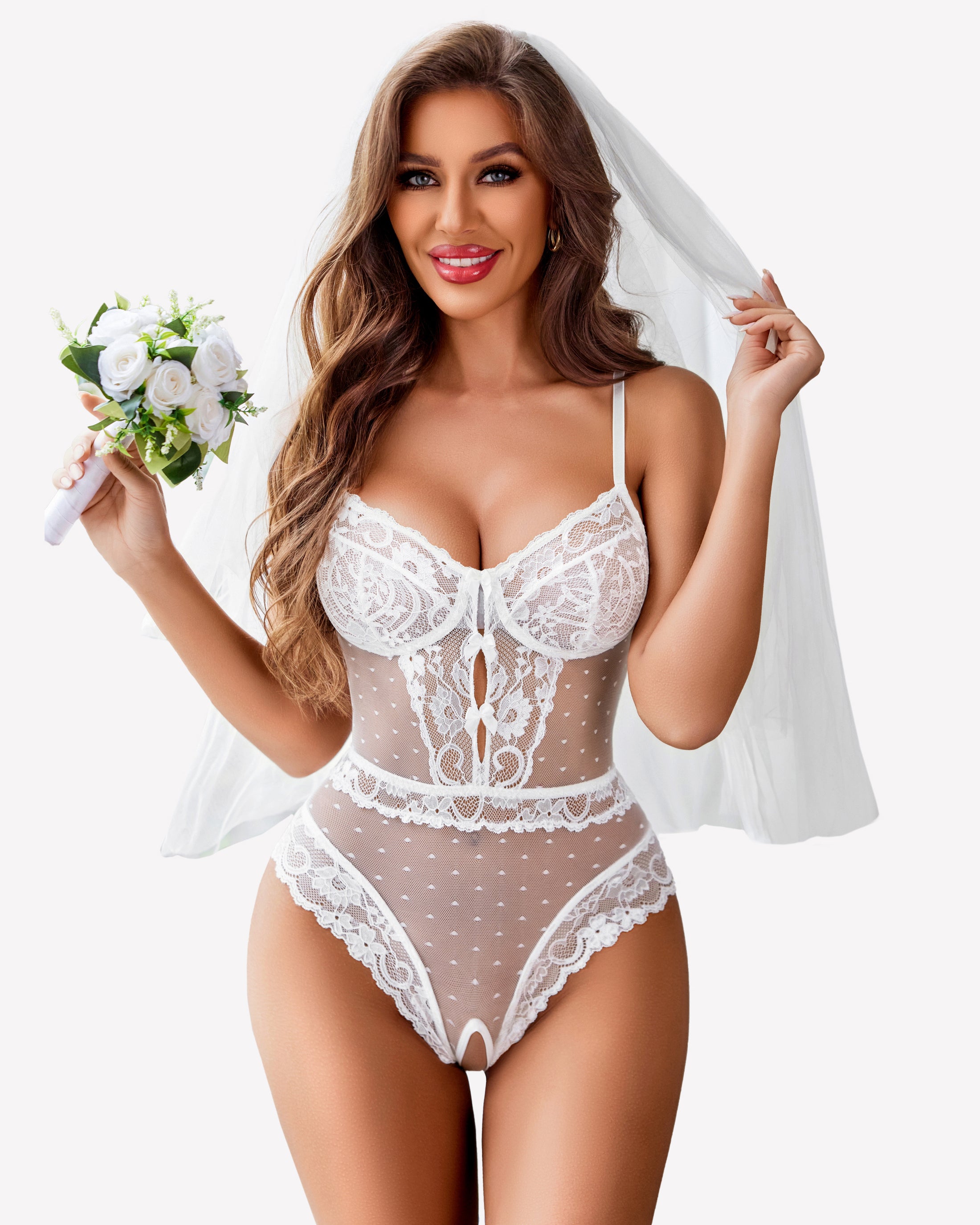 White polka dot lace bodysuit, bridal lingerie for boudoir. Sheer design, deep V-neck, and veil.