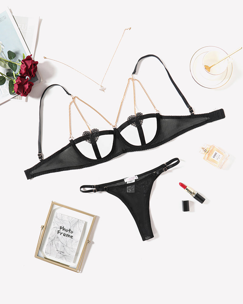 Black Chain Heart Cutout Lingerie Set with gold chain details, ideal for romantic nights.