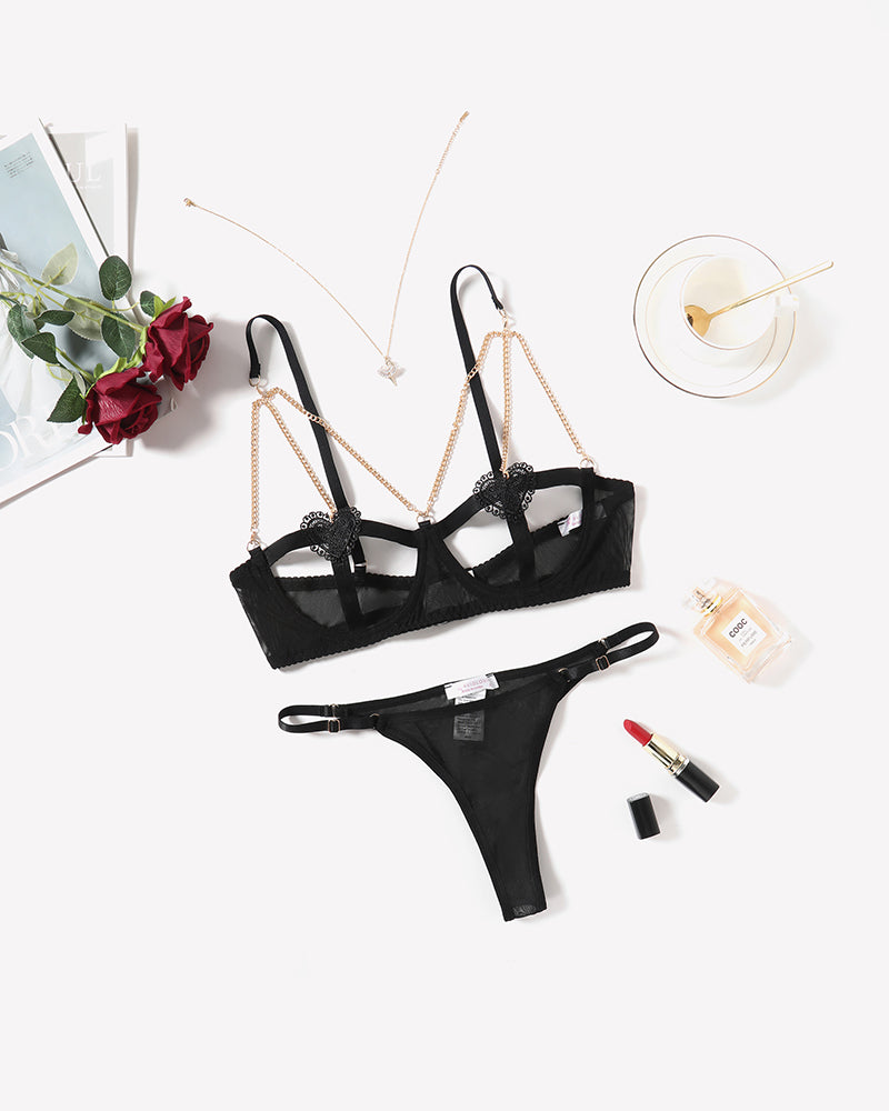 Black Chain Heart Cutout Bra and Panty Set with Gold Chain Details - Perfect for Romantic Nights