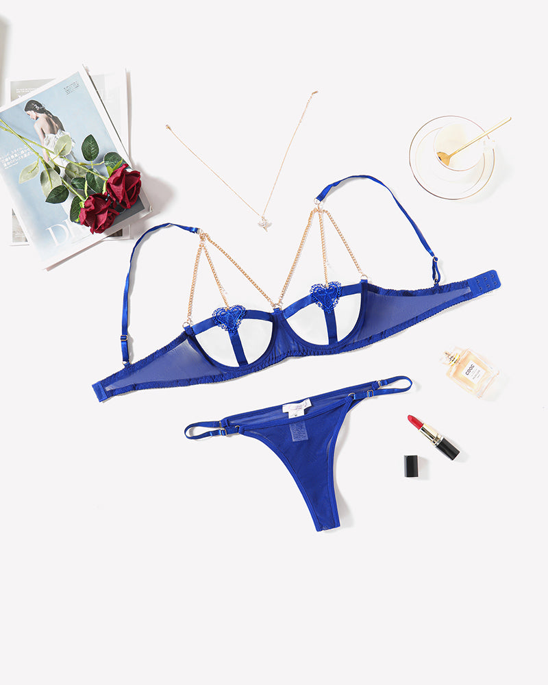 Blue chain heart cutout lingerie set with gold chain details, perfect for romantic nights