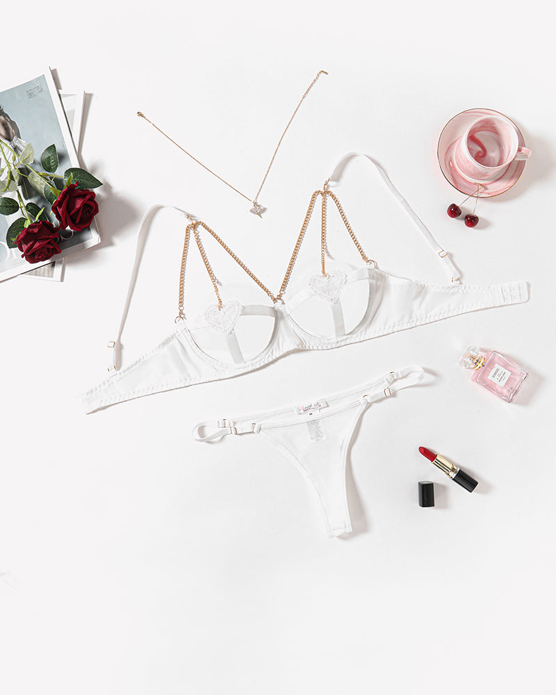 White chain heart cutout lingerie set with gold chain details, perfect for romantic nights