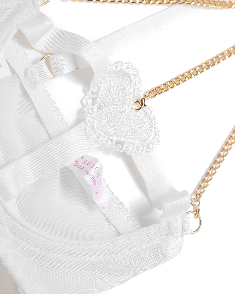 White Chain Heart Cutout Bra with Gold Chain Details - Avidlove Lingerie