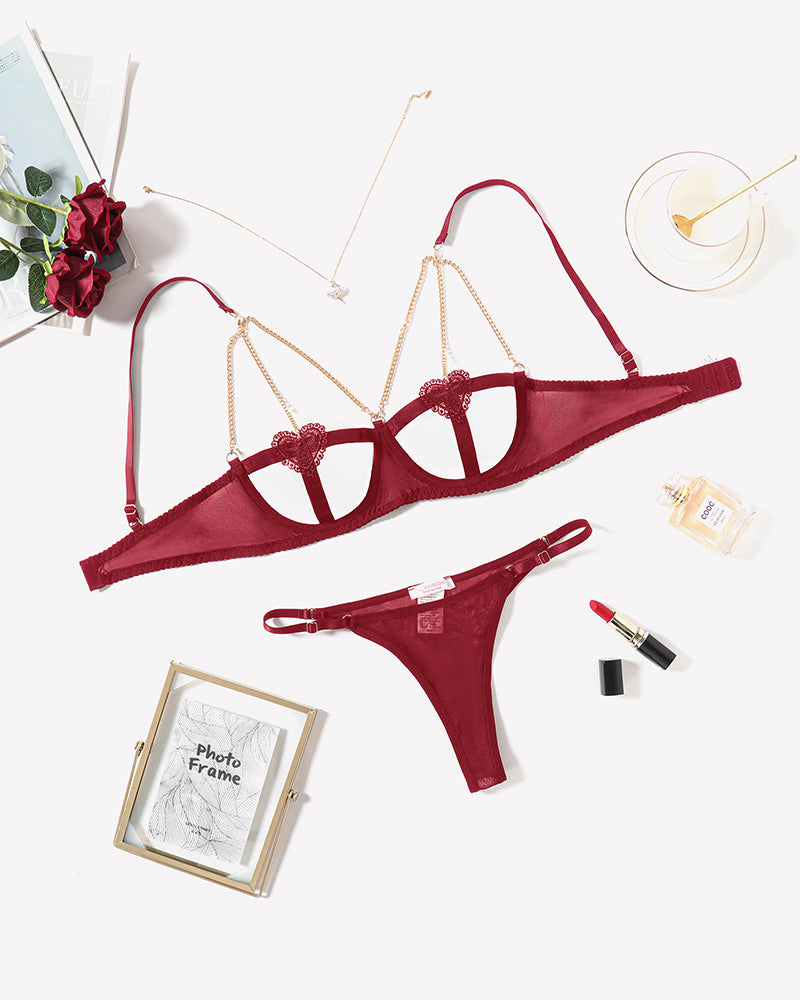 Burgundy Chain Heart Cutout Bra and Panty Set with Gold Chain Details - Romantic Lingerie