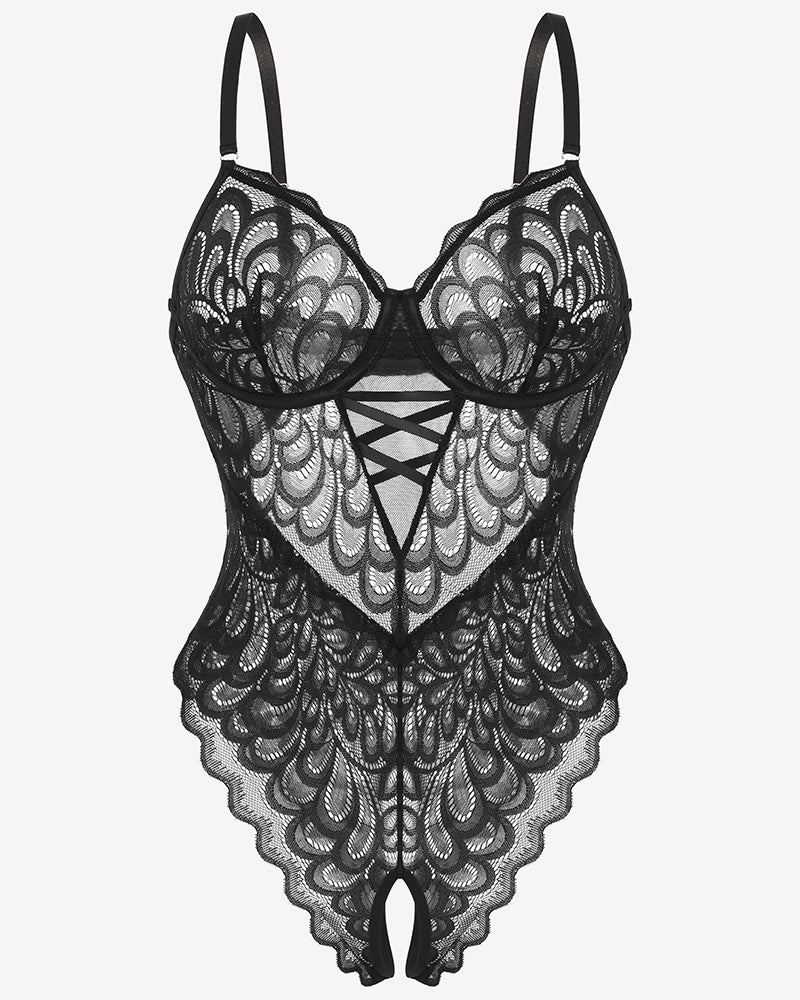 Lace deep V teddy crotchless bodysuit with adjustable straps, black lingerie.