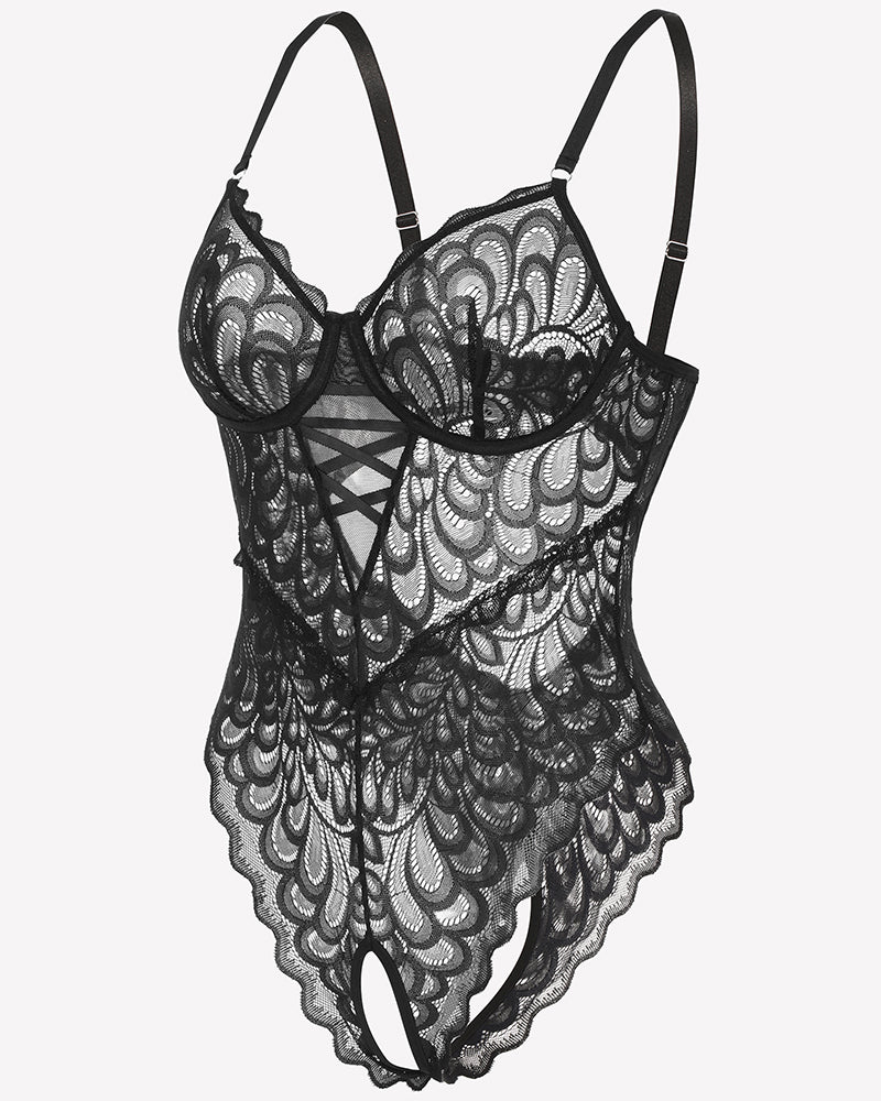 Black lace deep V teddy crotchless bodysuit, adjustable straps, floral lace details, black lingerie