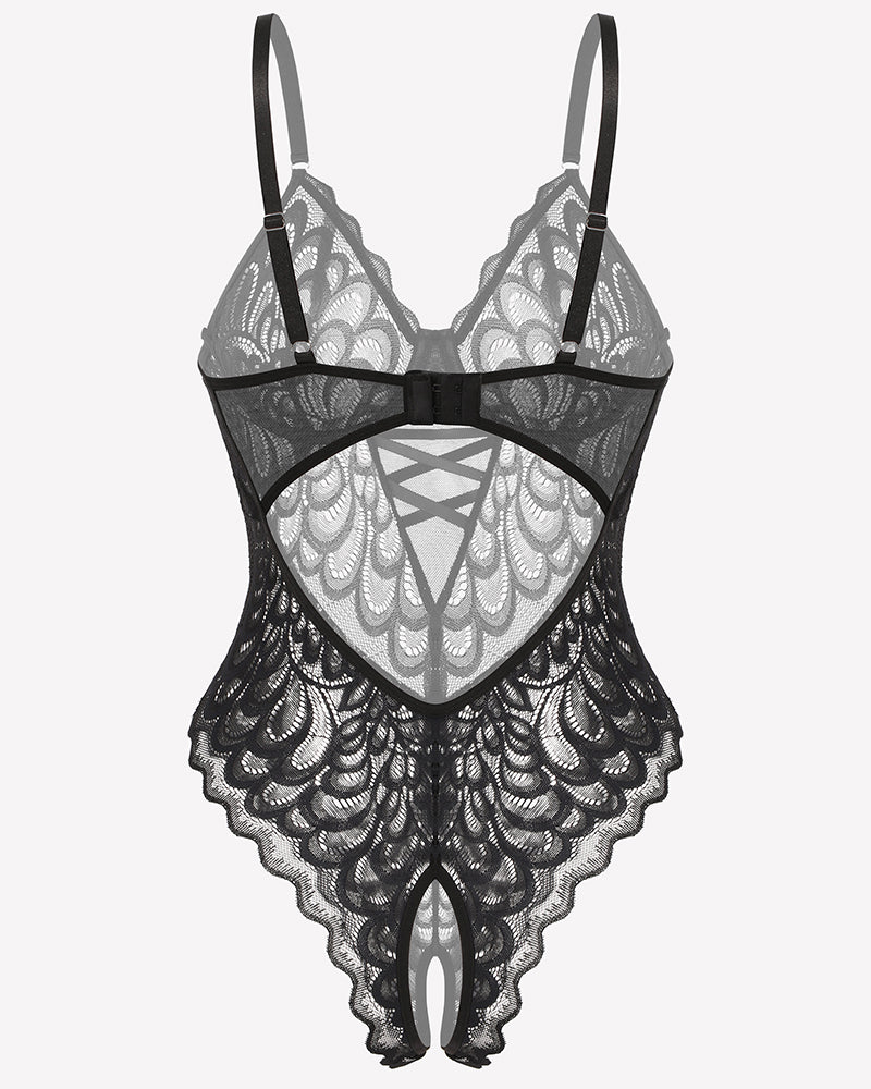 Black lace deep V teddy crotchless bodysuit, adjustable straps, lace, crotchless