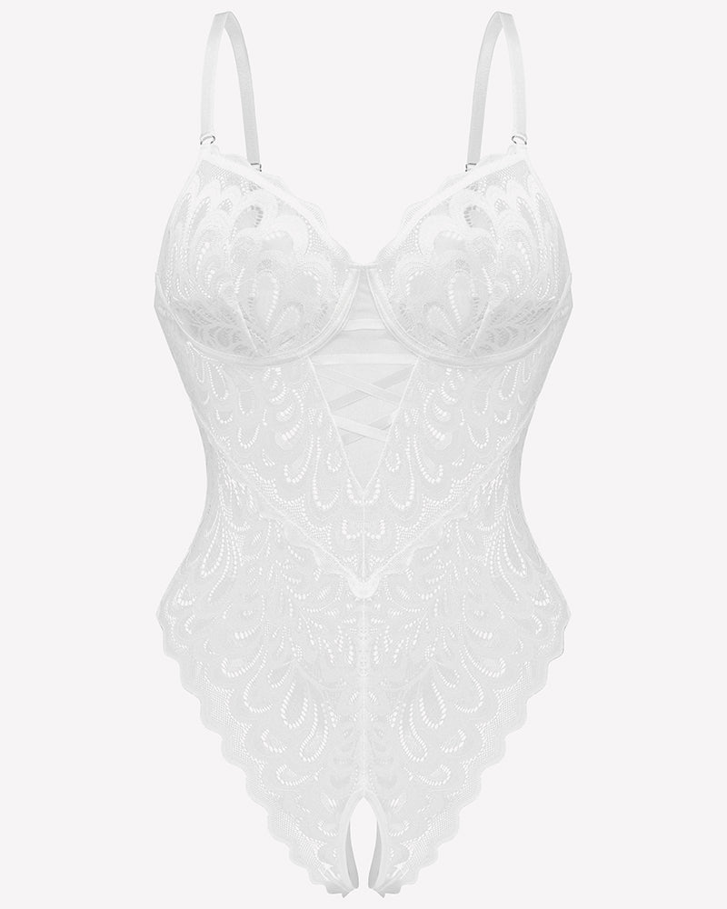 White lace teddy crotchless bodysuit with adjustable straps and floral lace details