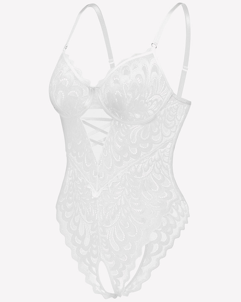 White lace deep V teddy crotchless bodysuit with adjustable straps and floral lace details