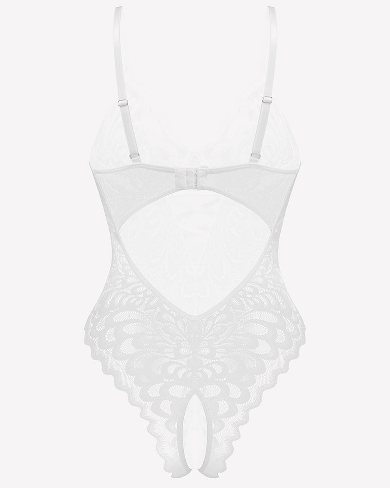 White lace teddy crotchless bodysuit, adjustable straps, floral lace details, sexy lingerie
