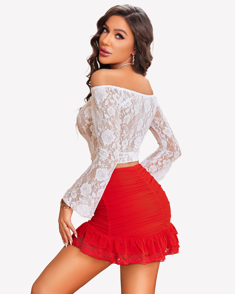 Woman in red ruched mini skirt with lace trim and white lace crop top, bodycon fit.