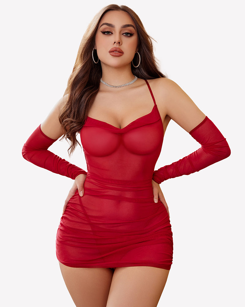 Red sheer mesh lingerie dress with sleeves. Sexy lingerie with cowl neck and backless design.