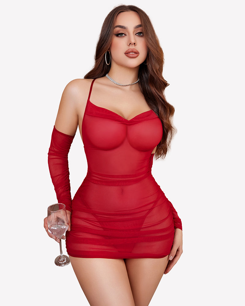 Red sheer mesh lingerie dress with sleeves. Sexy lingerie with cowl neck and bodycon fit.