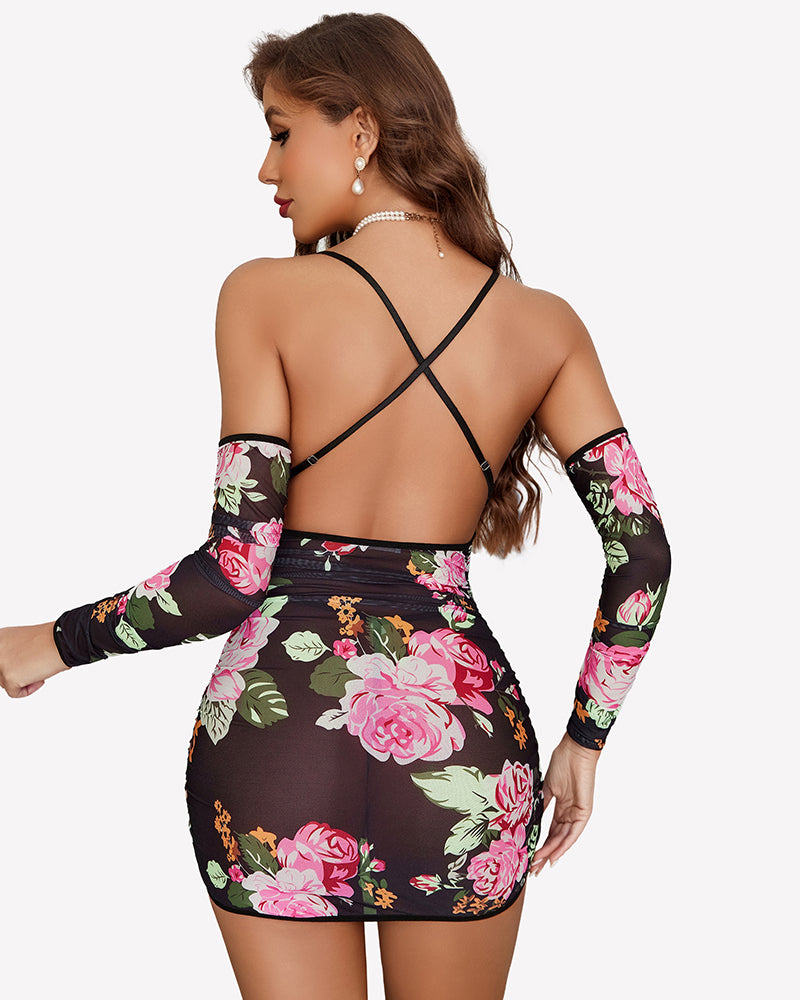Floral sheer mesh lingerie dress with sleeves. Sexy backless lingerie for special occasions.