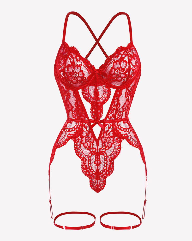 Red lace teddy babydoll with deep V-neck, cross-back, and cut-out design for romantic nights