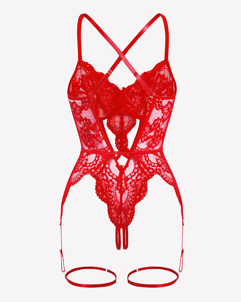 Red lace teddy babydoll with cross-back straps and cut-out design, perfect for romantic nights