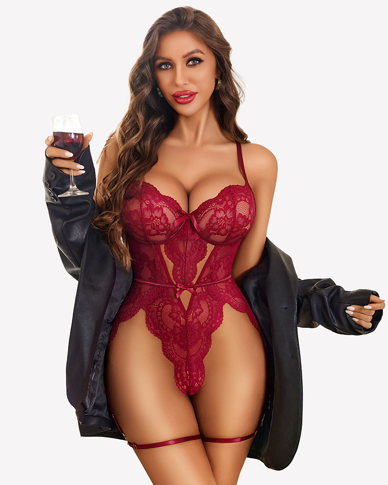 Burgundy lace teddy babydoll with deep V-neck and cut-out design, perfect for romantic nights