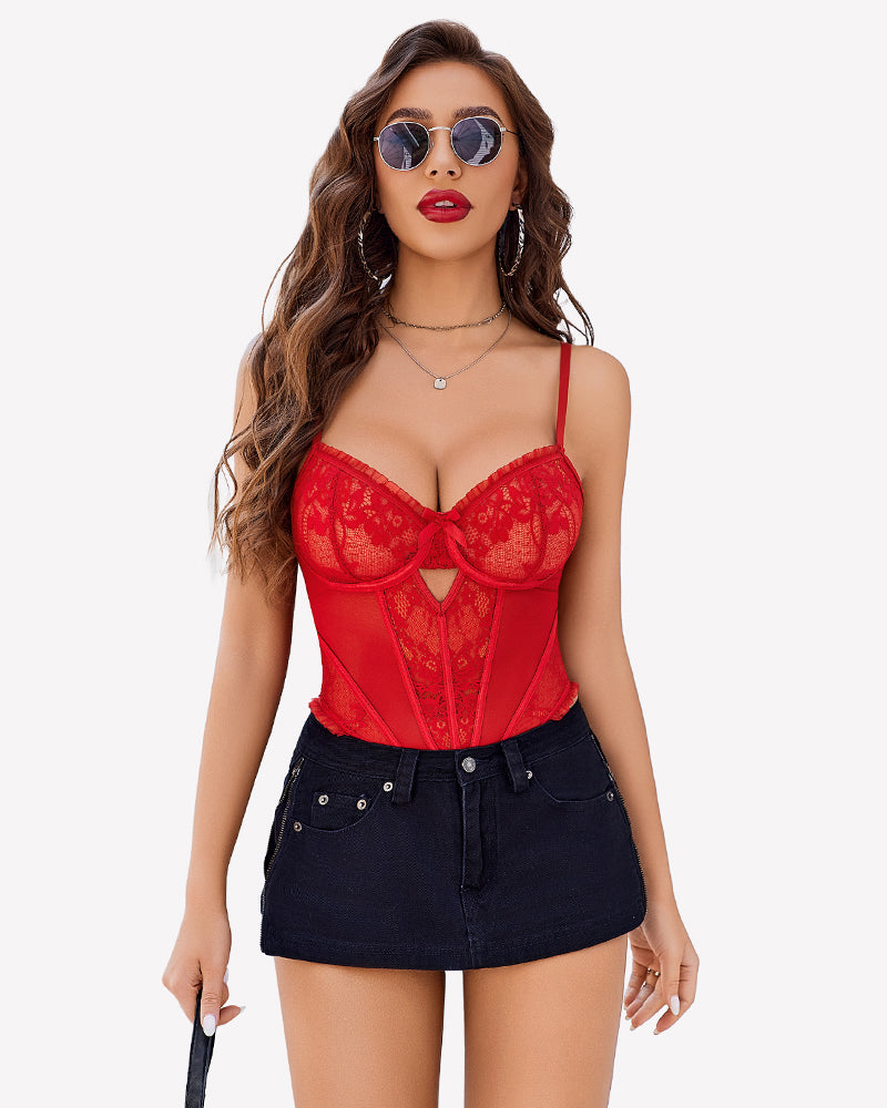 Red lace V-neck teddy bodysuit with adjustable straps and black denim mini skirt