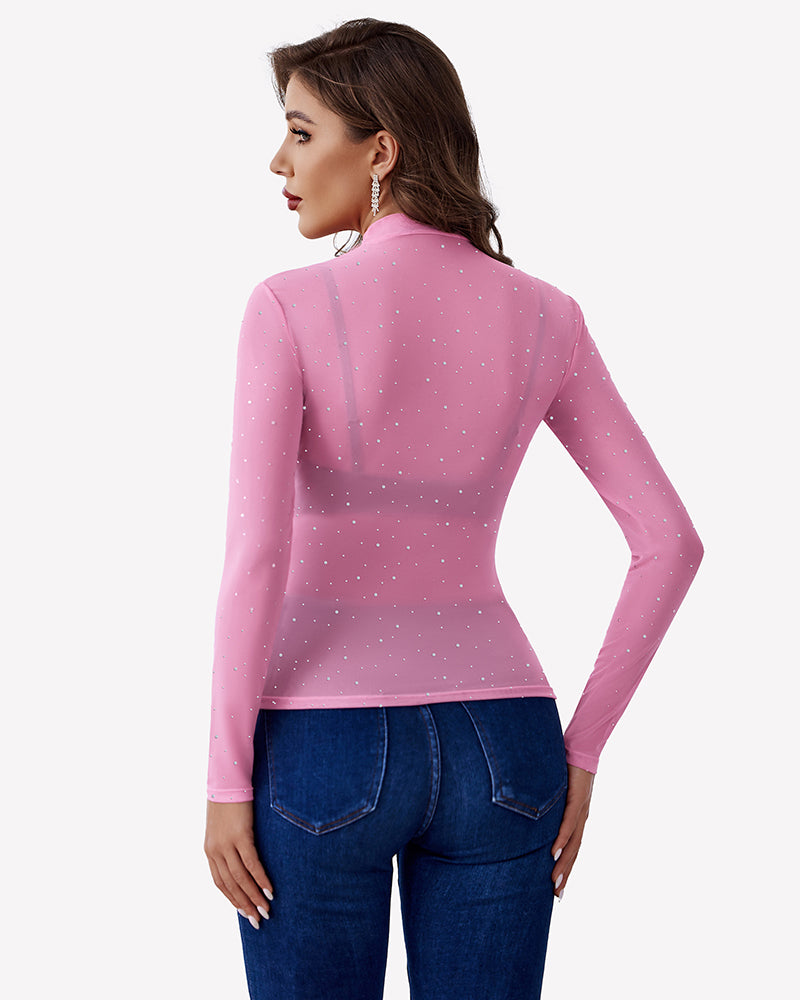 Pink mesh rhinestone sheer top with long sleeves and blue jeans - party outfit