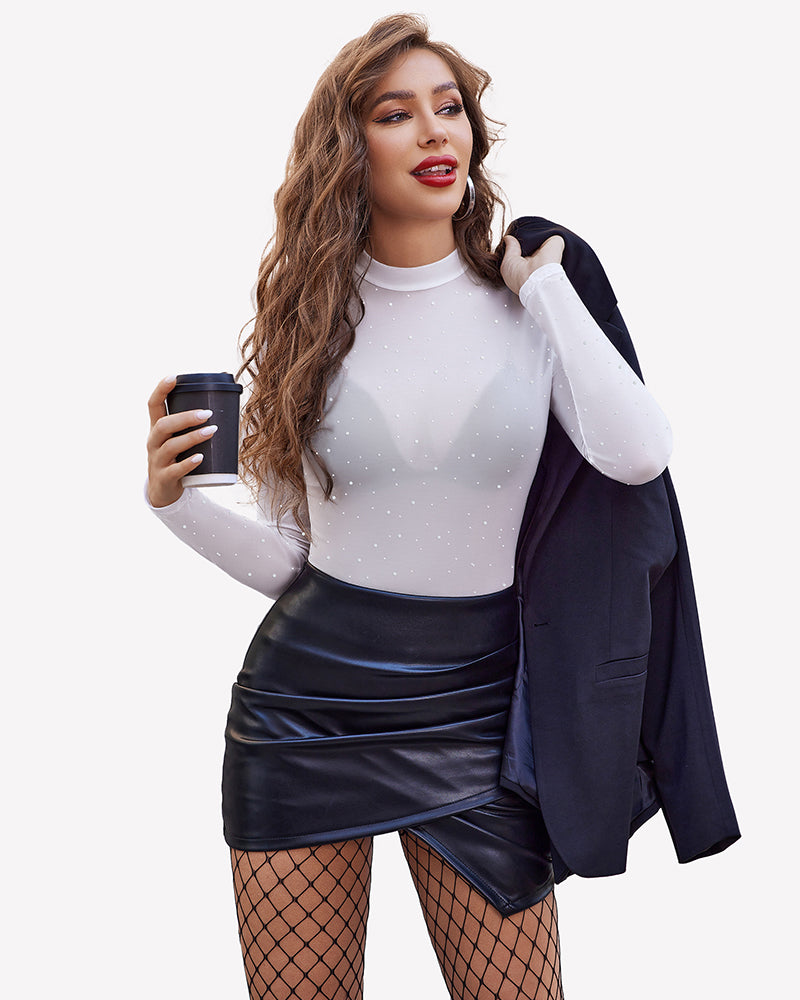Mesh rhinestone sheer top, black leather skirt, party outfit, long sleeve, round neck