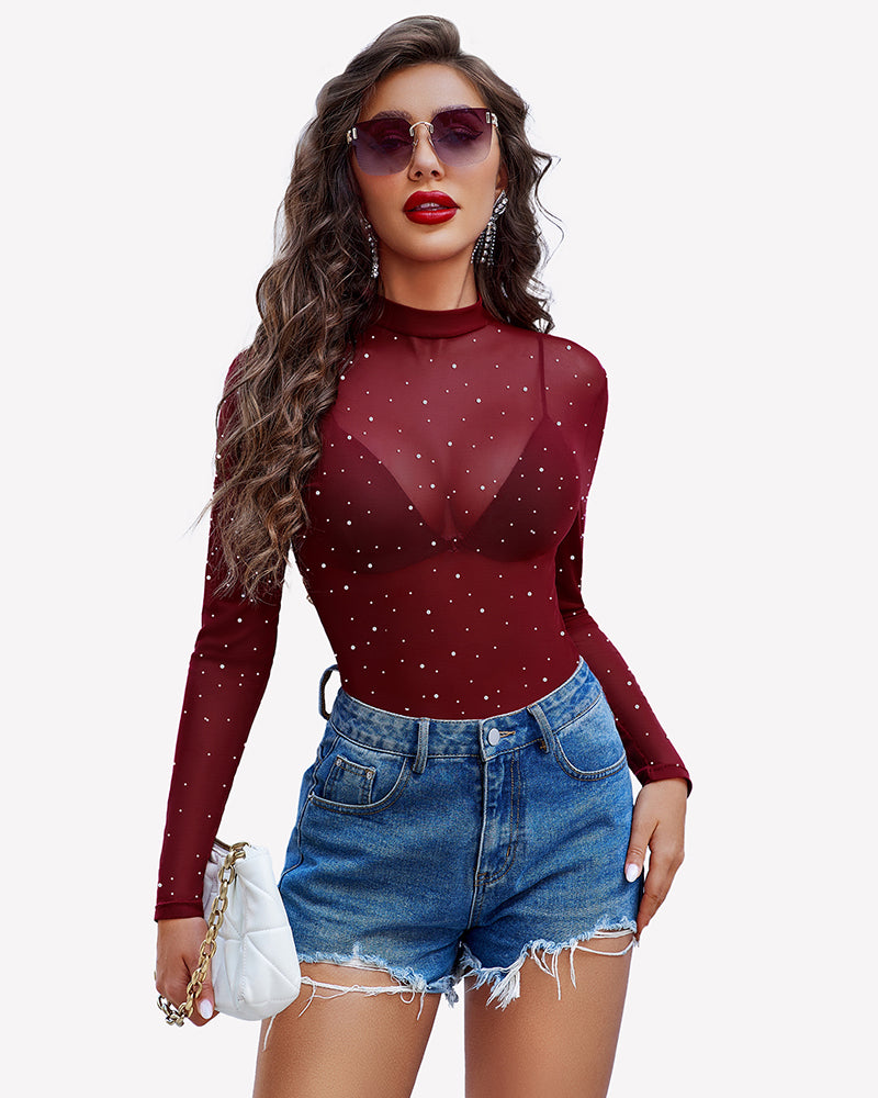 Burgundy mesh rhinestone sheer top, long sleeves, and denim shorts - party outfit